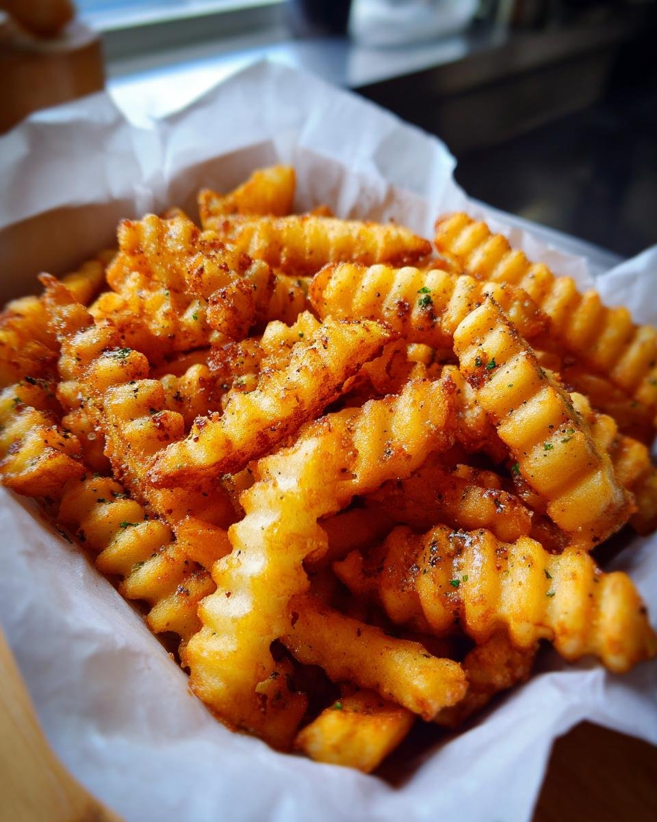 A close-up, mouthwatering view of a basket filled with perfectly seasoned crinkle cut fries.