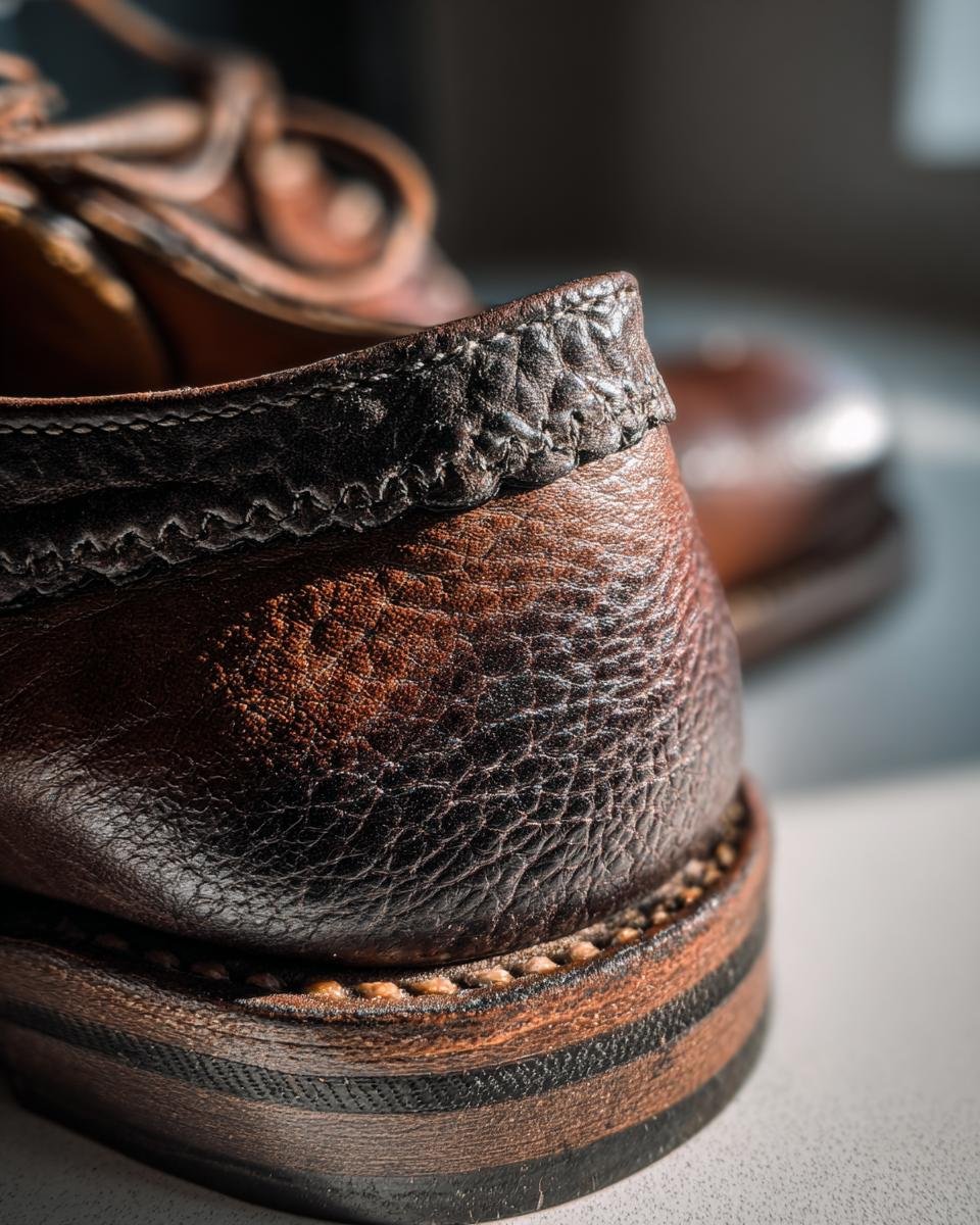 Detailed view of the heel and stitching on a brown leather shoe, showcasing the craftsmanship of a shoe maker's first pair.