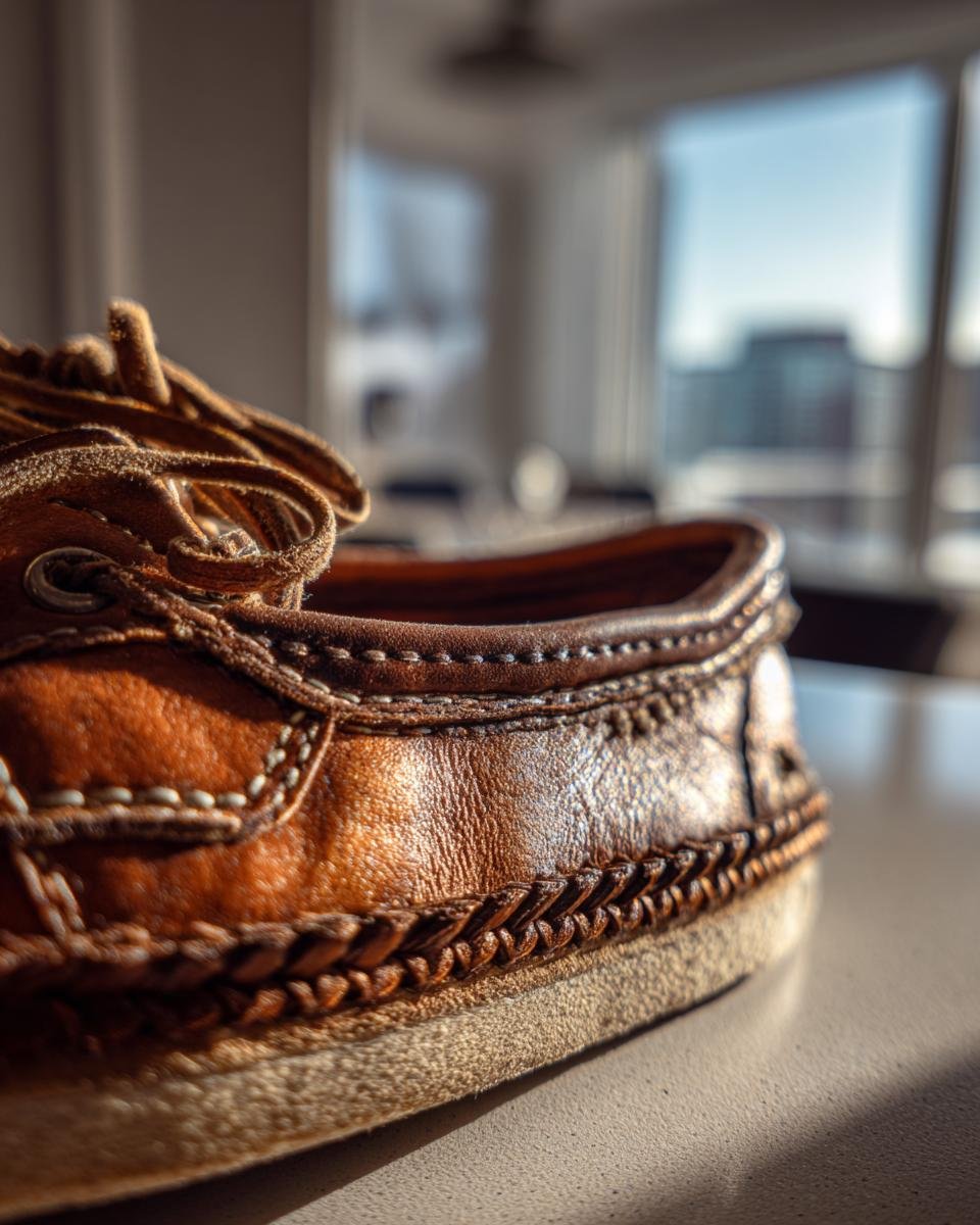 Close-up of a handmade leather shoe, showcasing detailed stitching and craftsmanship. A shoe maker's first pair.