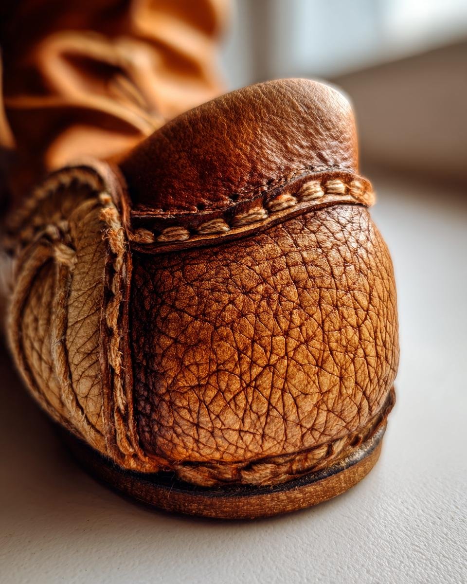 Close-up of the toe of a handmade leather shoe, showcasing detailed stitching and textured leather.