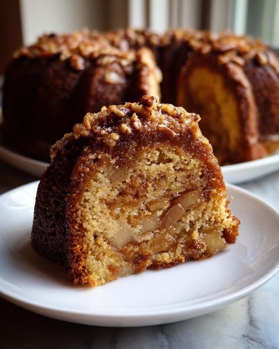 A close-up slice of moist Apple Pie Bundt Cake showing caramelized apples inside and a pecan topping.