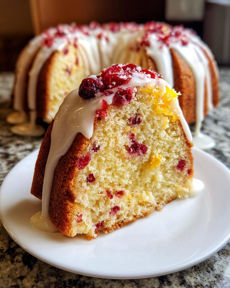 A close-up slice of moist Cranberry Orange Bundt Cake topped with white glaze and dried cranberries.