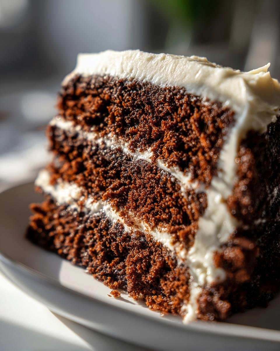 Close-up of a moist slice of Gingerbread Layer Cake With Cream Cheese Frosting showing three dark brown layers.
