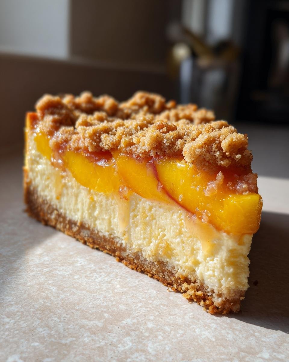 Close-up of a decadent slice of Southern Peach Cobbler Cheesecake showing the graham cracker crust, creamy filling, peach layer, and crumble topping.