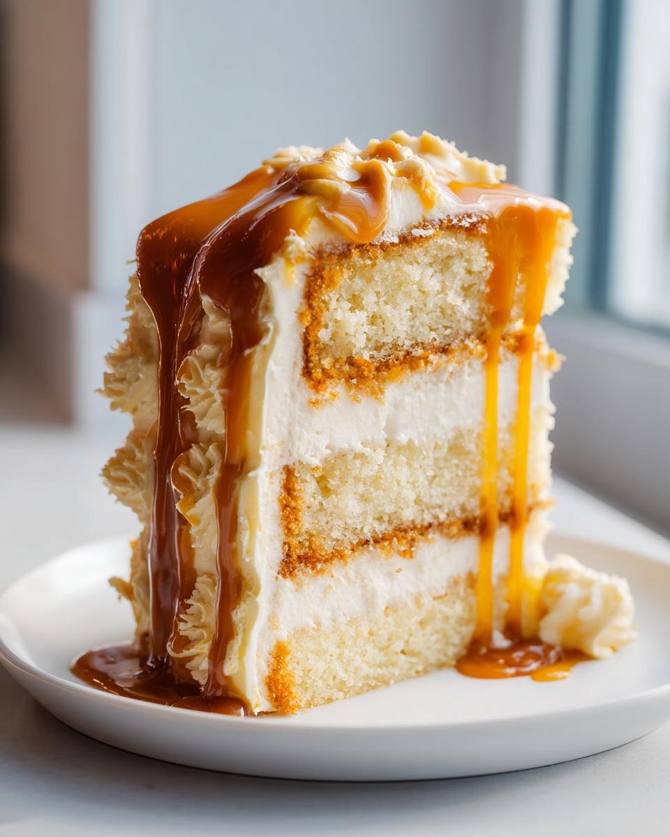 Close-up of a decadent slice of Southern Salted Caramel Cake layered with white frosting and dripping with caramel sauce.