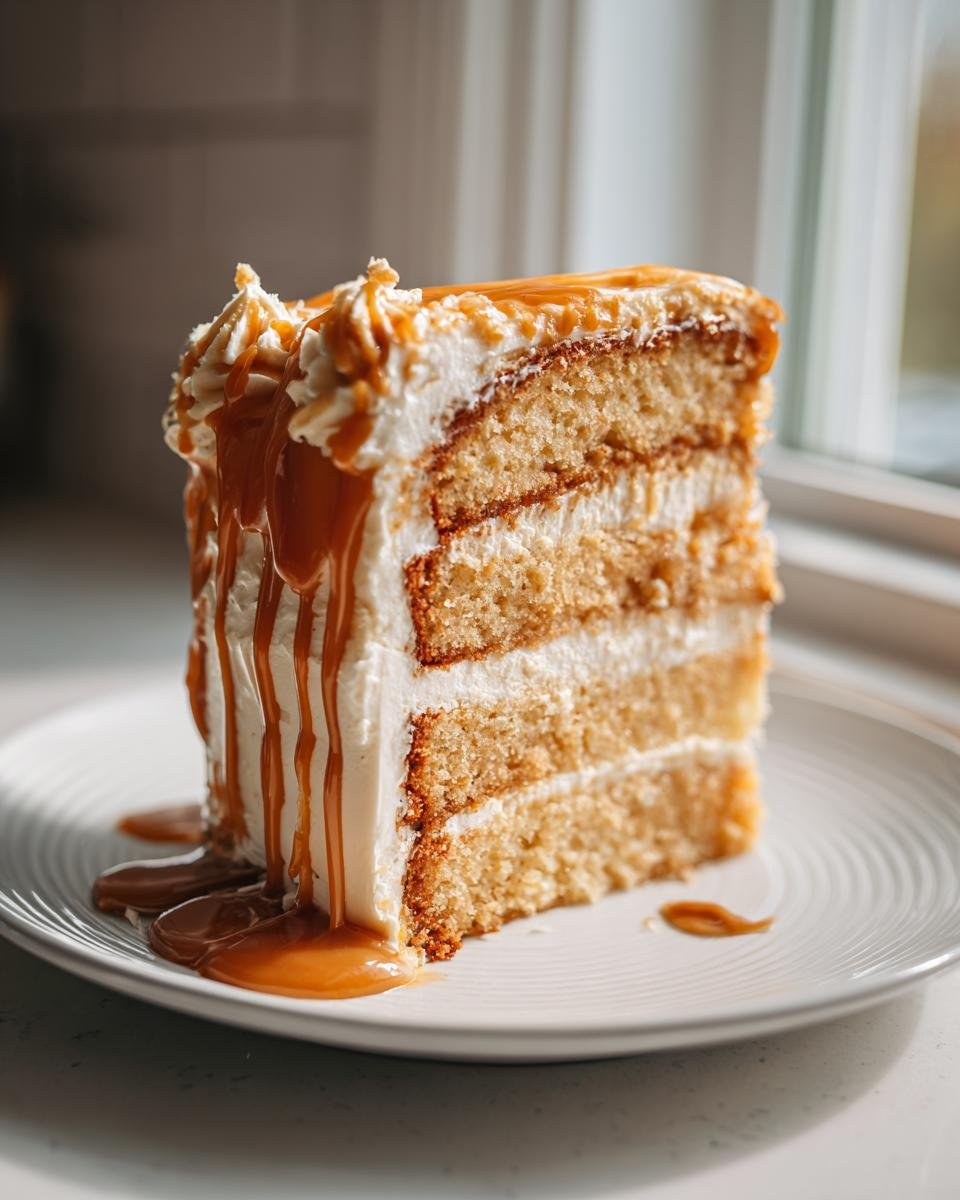 A tall slice of Southern Salted Caramel Cake showing multiple layers of cake and frosting, generously drizzled with caramel sauce.