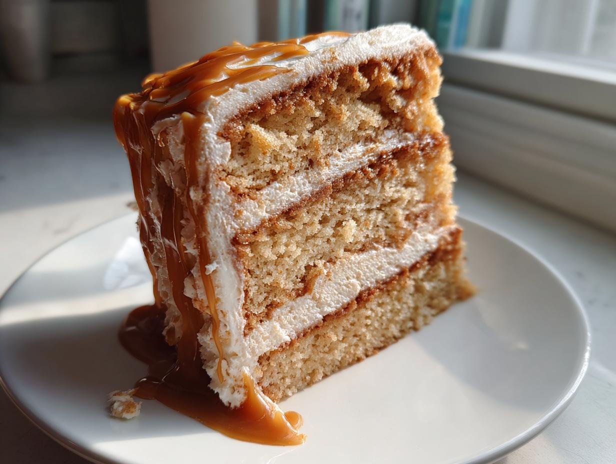 A tall slice of Southern Salted Caramel Cake showing multiple layers of cake and frosting, generously drizzled with caramel sauce.