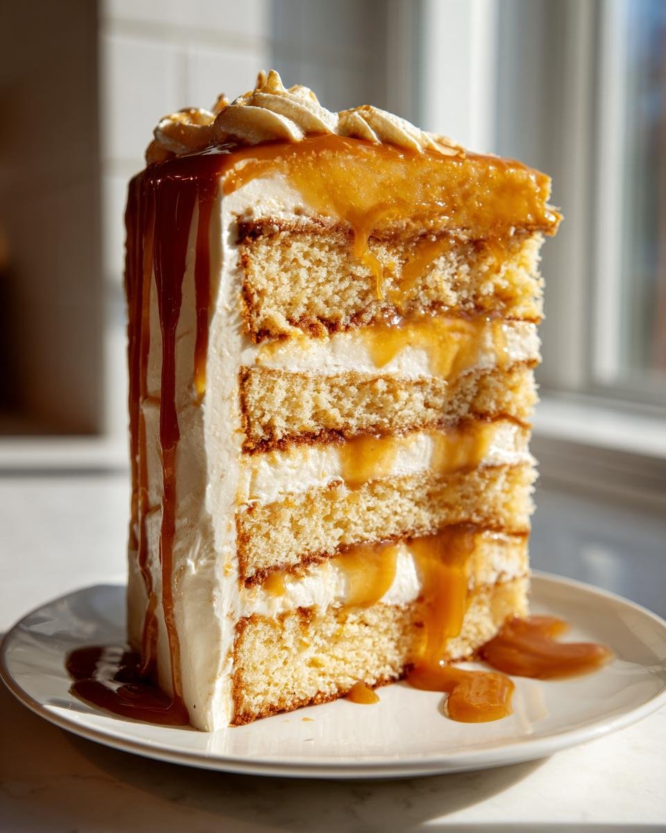 A tall slice of Southern Salted Caramel Cake showing multiple layers of cake, frosting, and dripping caramel sauce.