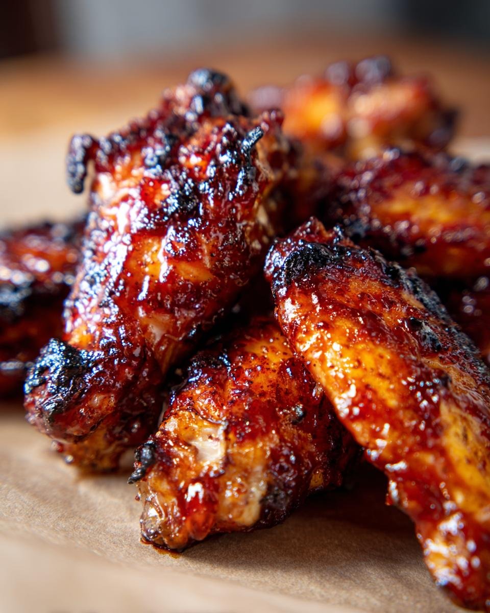 A close-up, mouthwatering shot of Smoked Maple BBQ Chicken Wings, glistening with a rich, dark glaze.