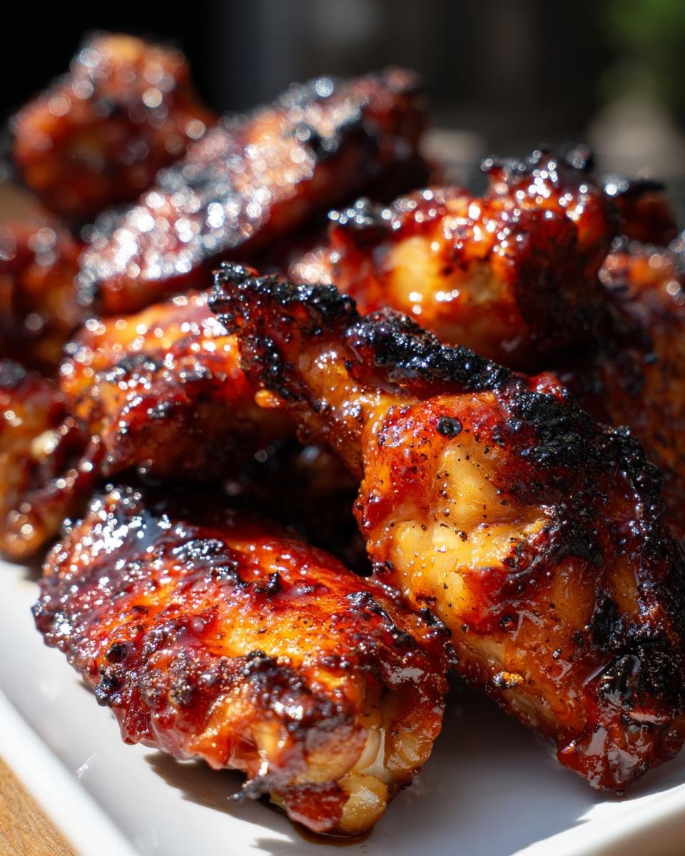 Close-up of glistening Smoked Maple BBQ Chicken Wings, coated in a rich, dark sauce with visible char marks.