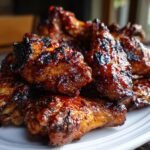 A close-up shot of a pile of glistening Smoked Maple BBQ Chicken Wings on a white plate.