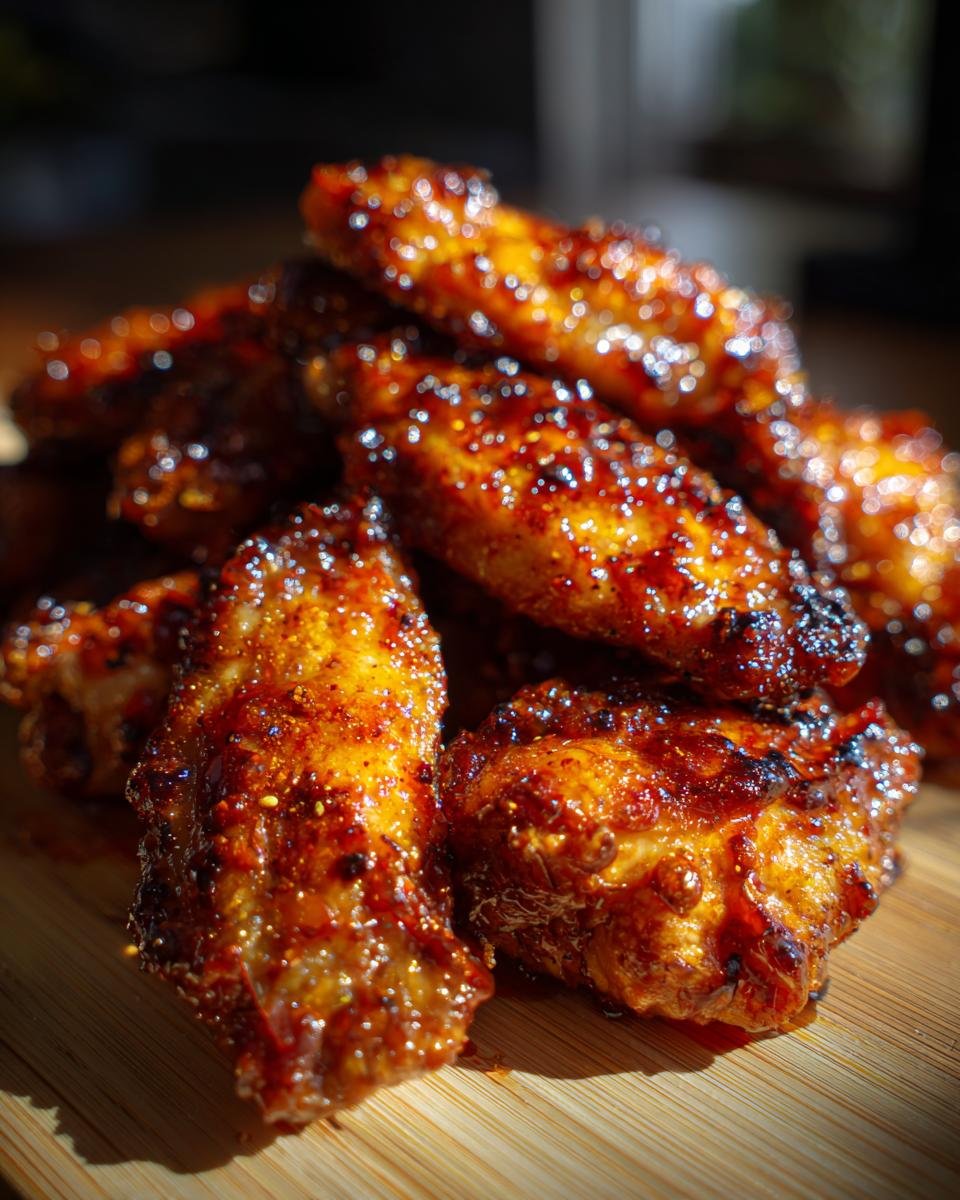 Close-up of a pile of glistening Smoked Maple BBQ Chicken Wings, coated in a rich, dark glaze and spices.