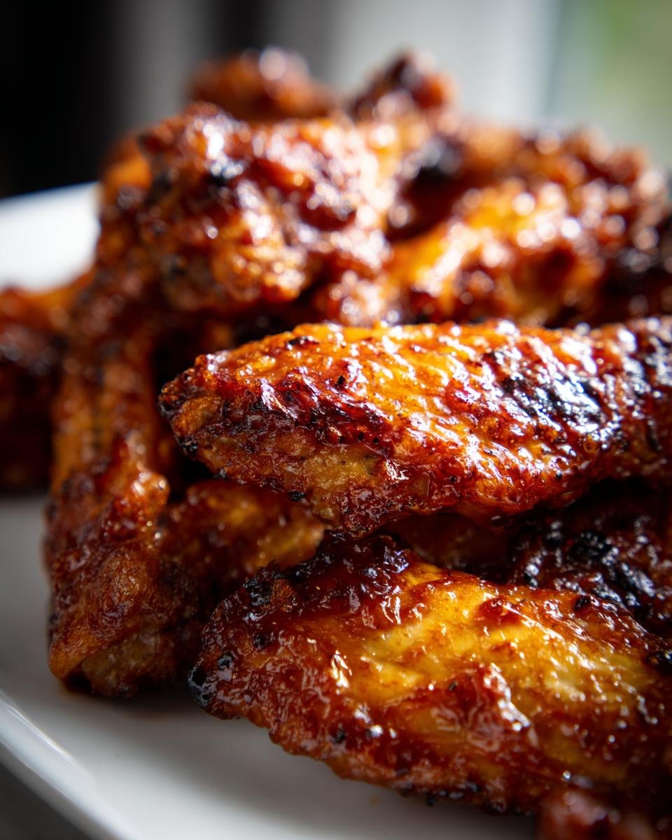 Close-up of a pile of glistening Smoked Maple BBQ Chicken Wings on a white plate.