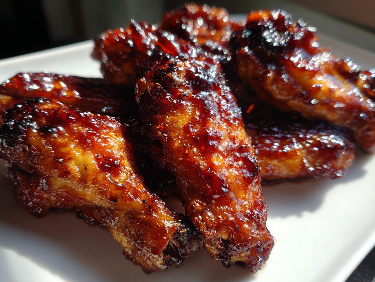 A close-up shot of glistening Smoked Maple BBQ Chicken Wings on a white plate.
