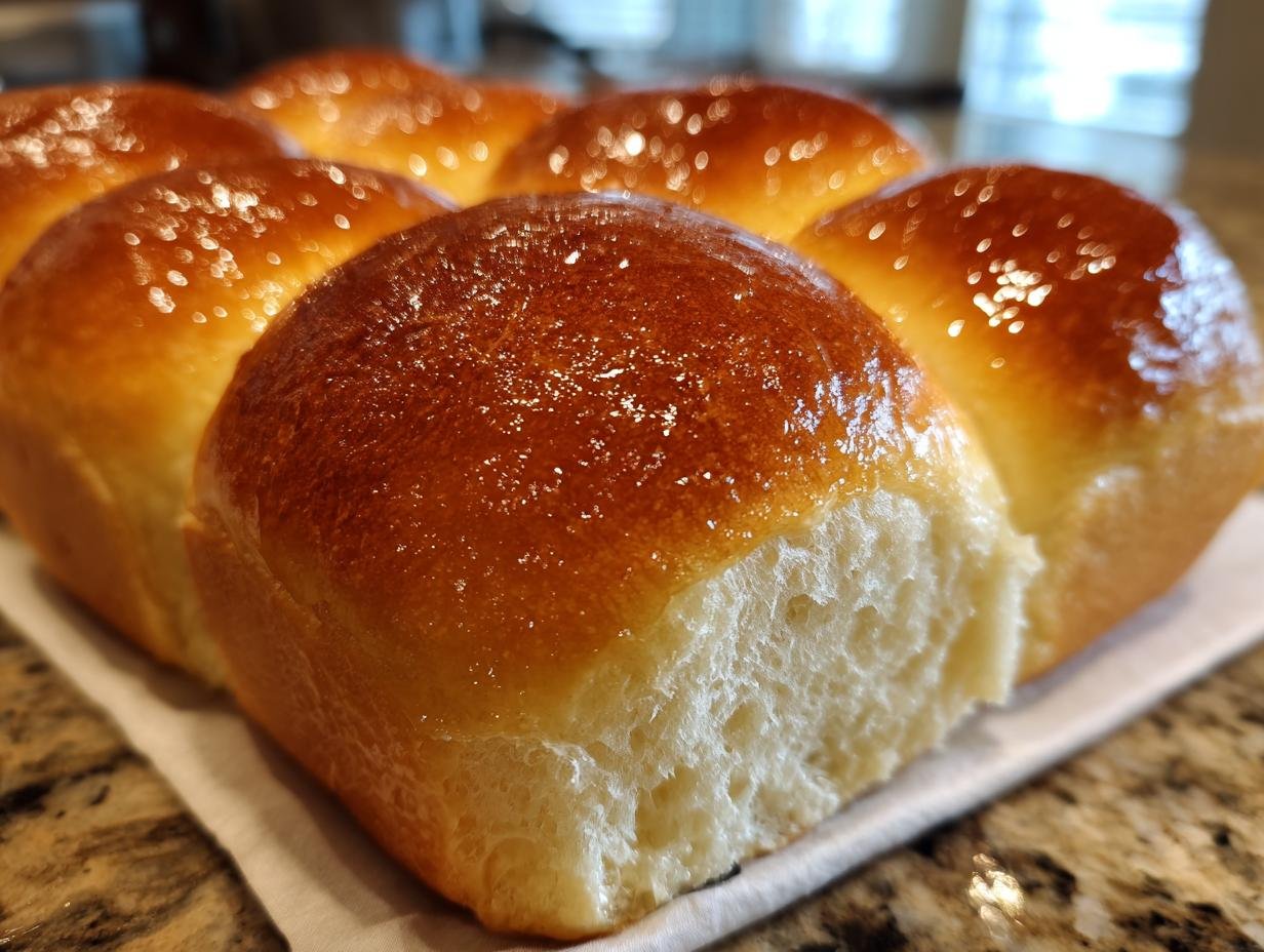 Close-up of freshly baked Soft Honey Butter Dinner Rolls with a glossy, golden-brown top.