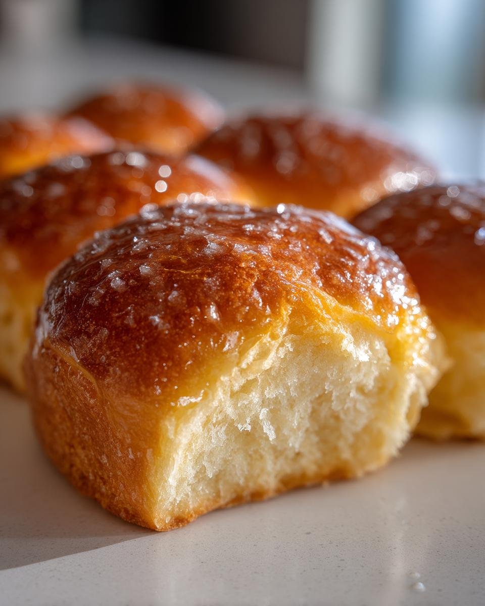 Close-up of a soft honey butter dinner roll with a bite taken out, showing its fluffy interior and glossy topping.
