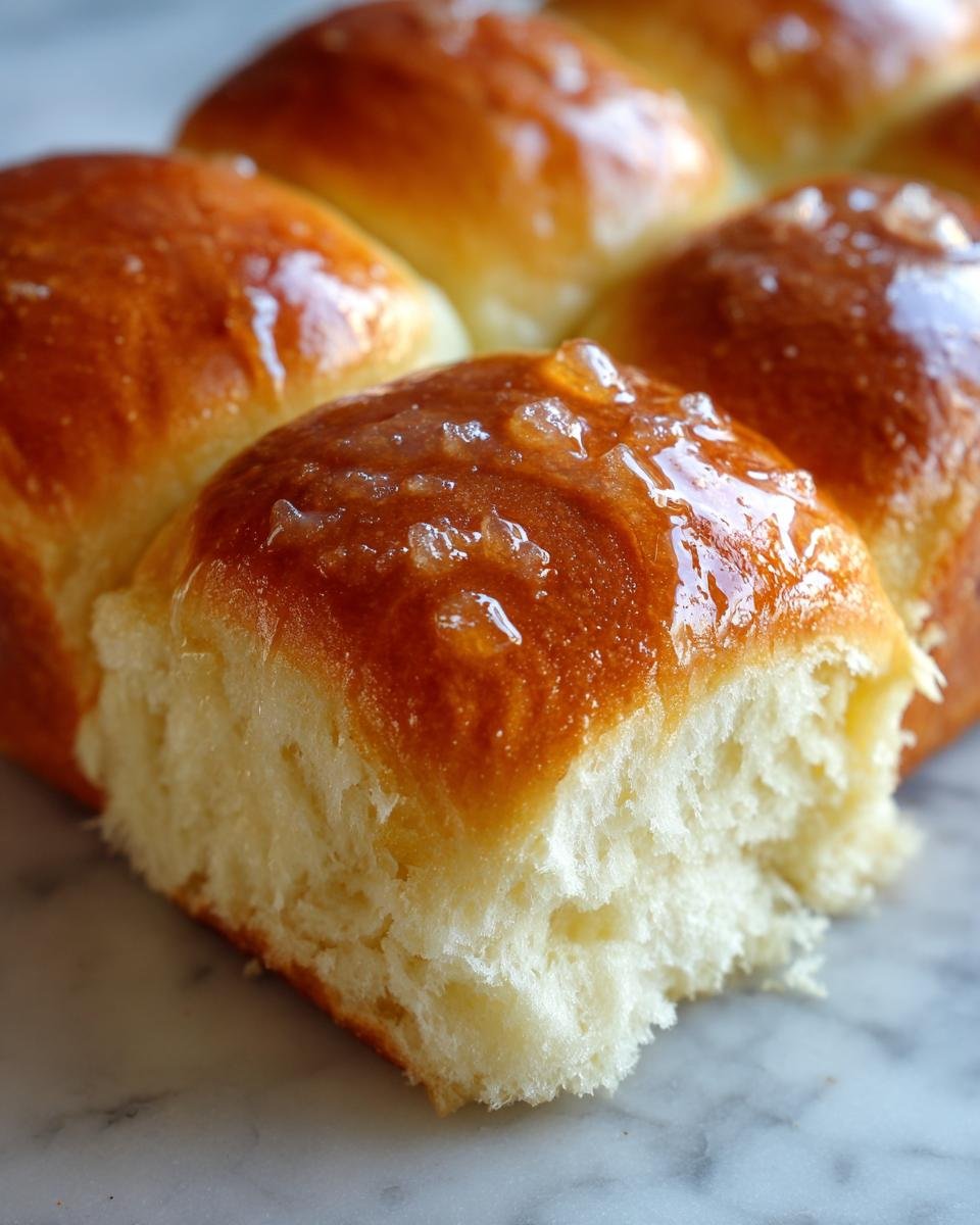 Close-up of a soft honey butter dinner roll with a glistening glaze and fluffy interior.