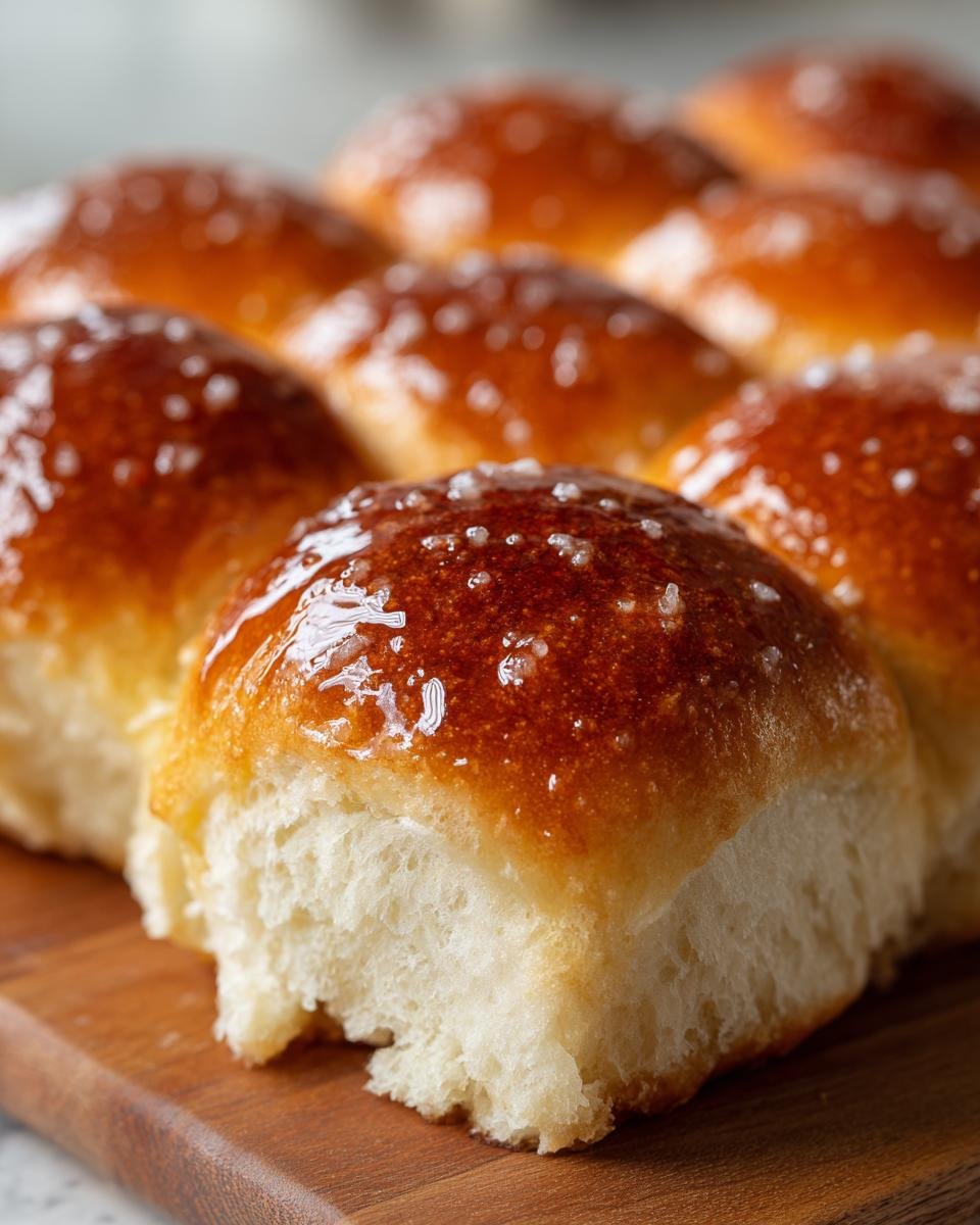 Close-up of freshly baked Soft Honey Butter Dinner Rolls, glistening with a sweet glaze and sprinkled with coarse salt.