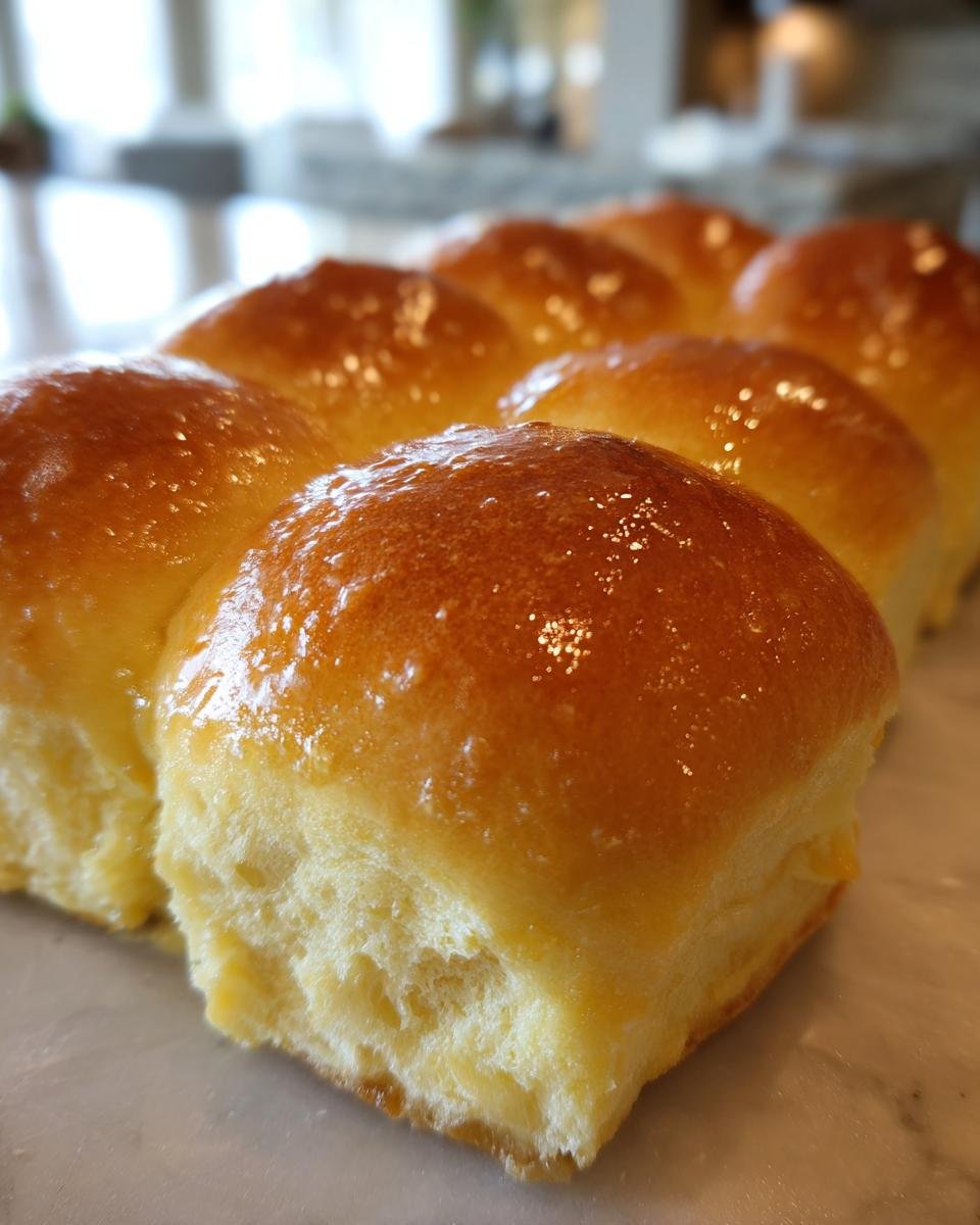 A close-up of a row of golden brown Soft Honey Butter Dinner Rolls, glistening with a honey butter glaze.