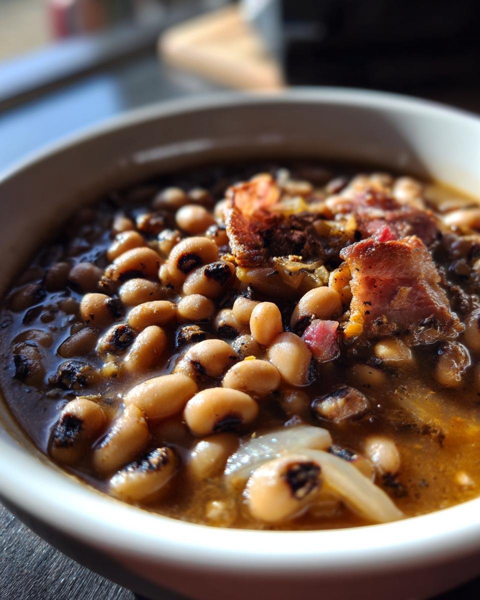 Close-up of a bowl of Southern Black Eyed Peas, topped with crispy bacon and onions.