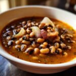 Close-up of a white bowl filled with Southern Black Eyed Peas, onions, and bacon in a rich broth.