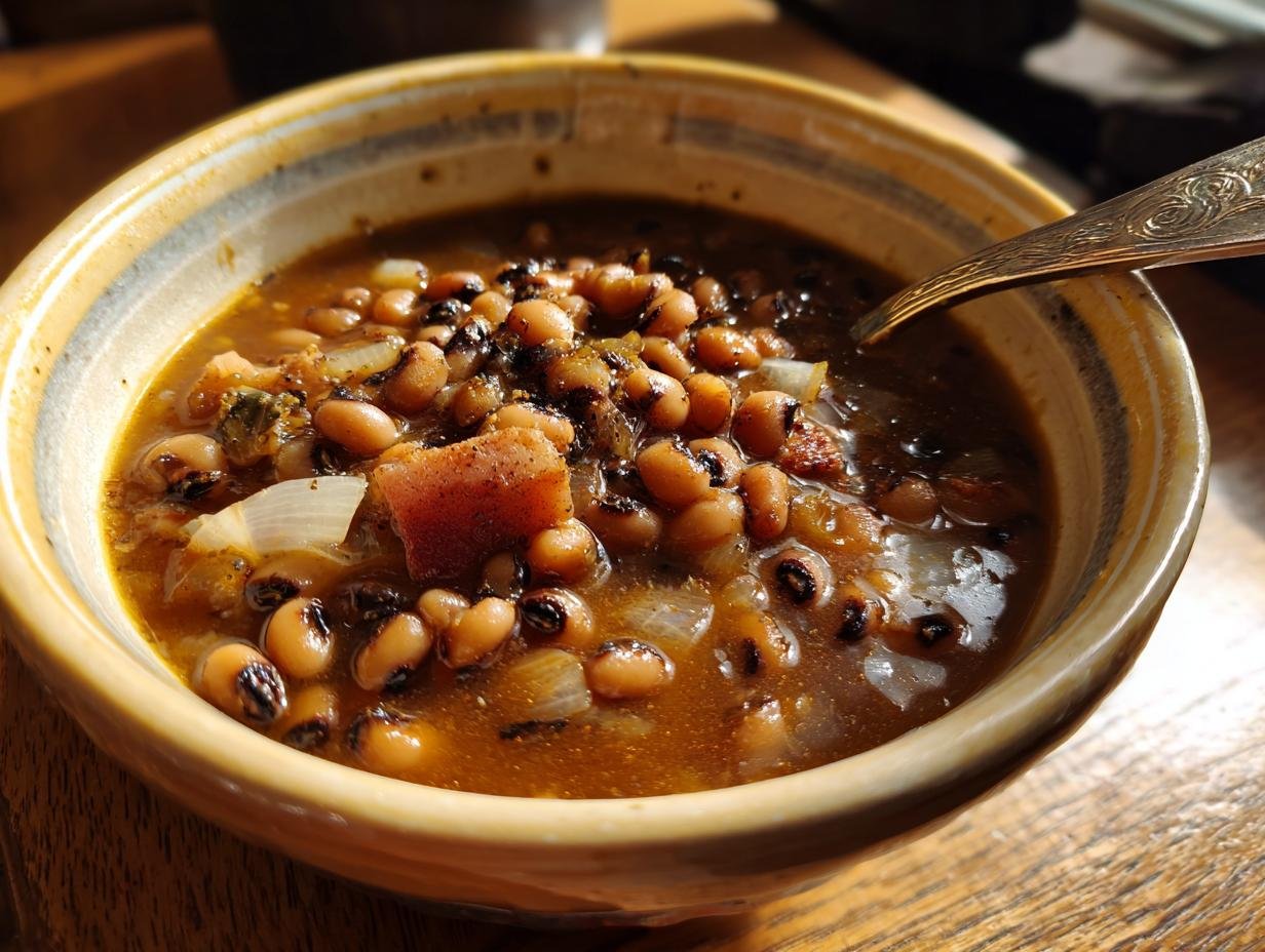 Close-up of a rustic bowl filled with steaming Southern Black Eyed Peas, featuring tender beans, onions, and savory broth.