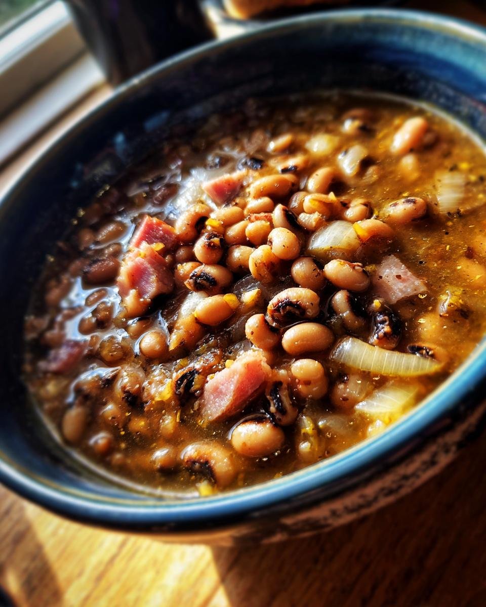 A close-up bowl of authentic Southern Black Eyed Peas with chunks of ham and onions in a savory broth.