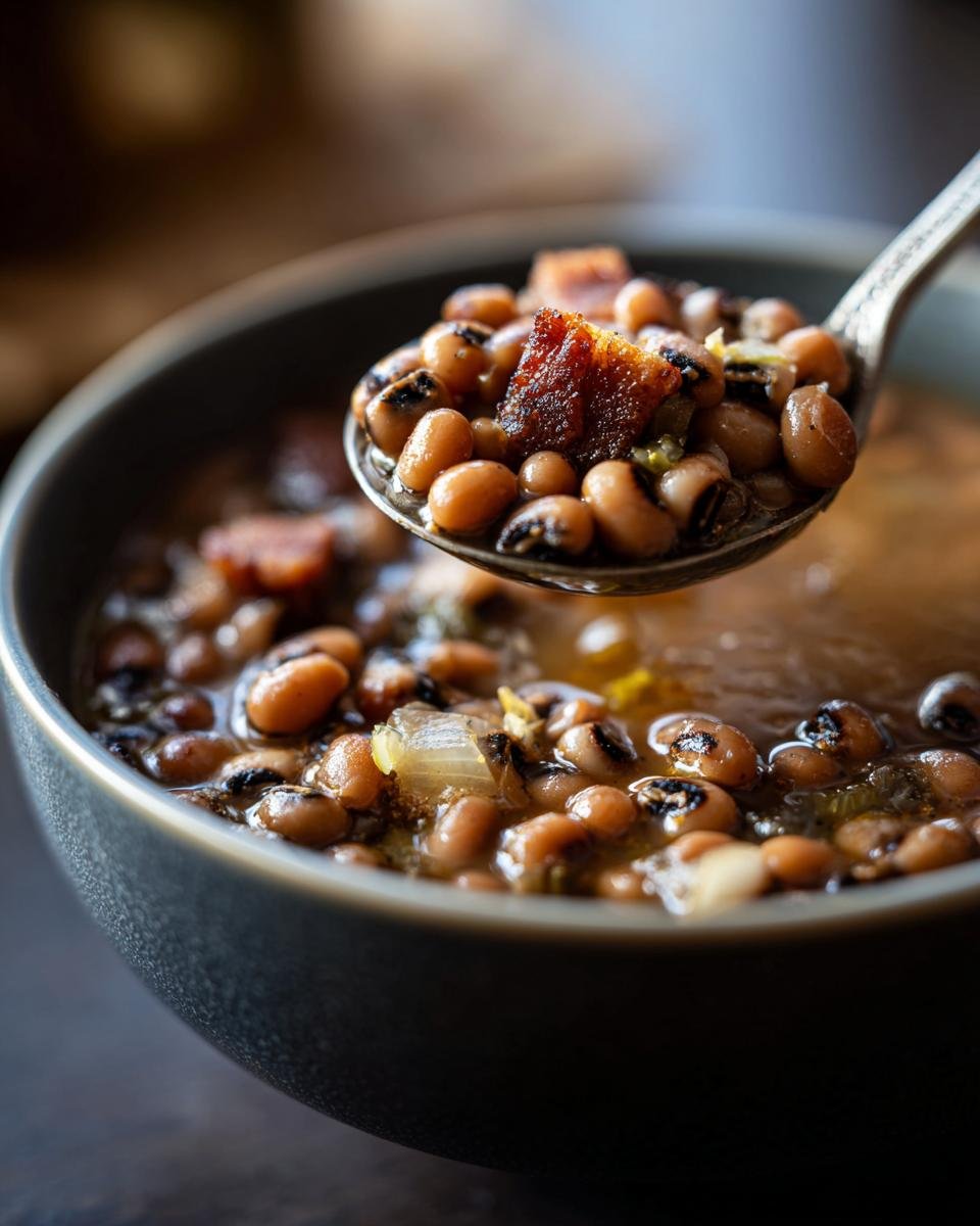 Close-up of a spoonful of Southern Black Eyed Peas with crispy bacon and onions.