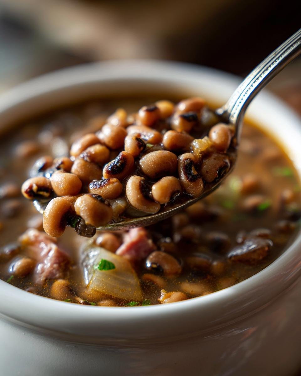Close-up of a spoonful of Southern Black Eyed Peas with ham, onions, and herbs.