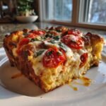 A close-up of a square slice of Southern Caprese Biscuit Breakfast Strata, topped with melted mozzarella, cherry tomatoes, and basil.