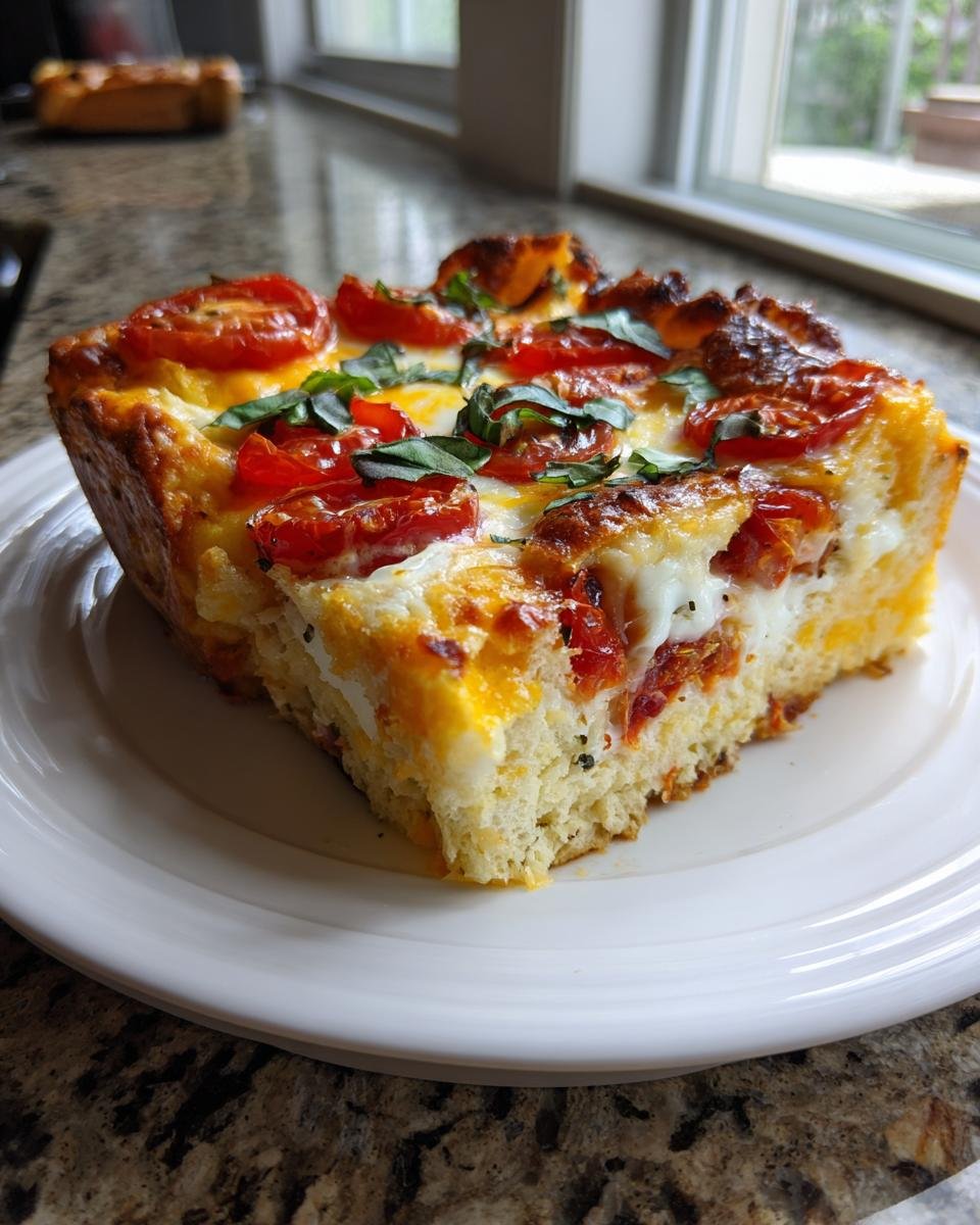 A square slice of Southern Caprese Biscuit Breakfast Strata topped with melted cheese, tomatoes, and basil.