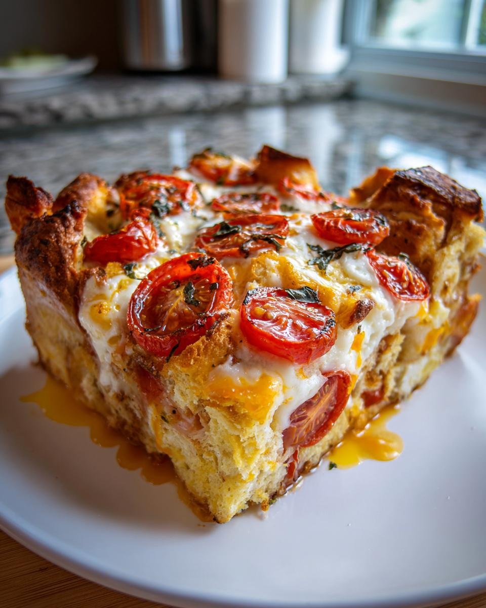 A close-up of a square slice of Southern Caprese Biscuit Breakfast Strata topped with melted mozzarella and roasted cherry tomatoes.