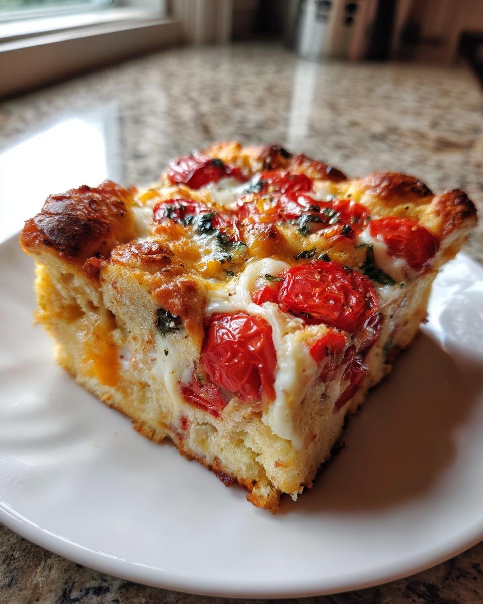 A square slice of Southern Caprese Biscuit Breakfast Strata topped with melted mozzarella and roasted cherry tomatoes.