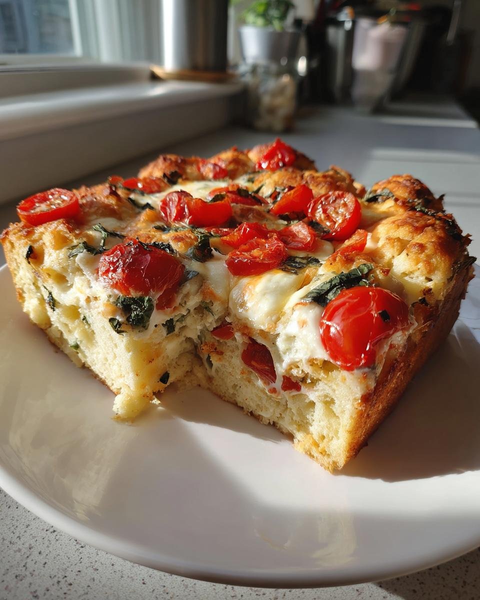 A square slice of Southern Caprese Biscuit Breakfast Strata topped with melted mozzarella, roasted cherry tomatoes, and basil.