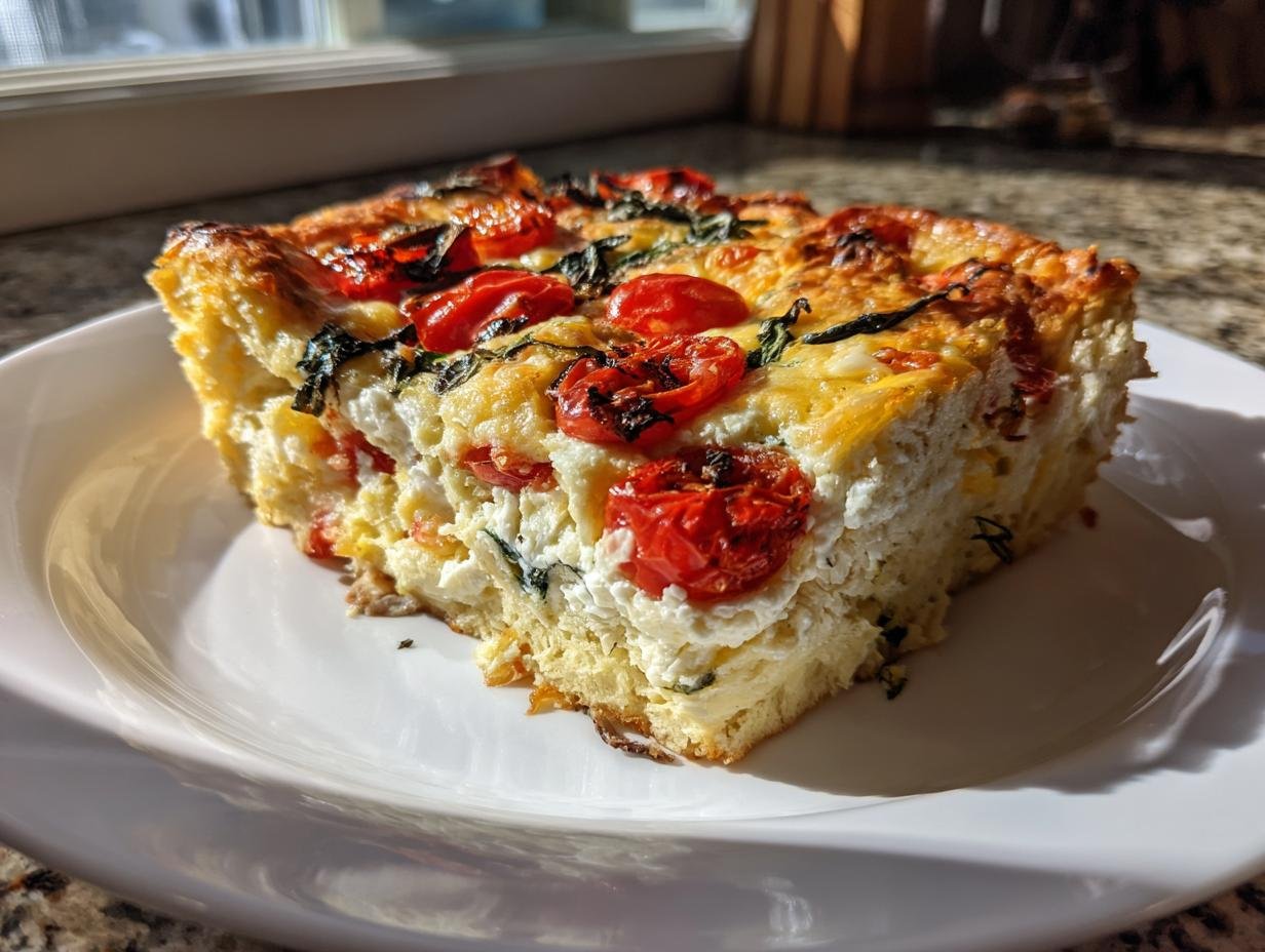 A thick, golden slice of Southern Caprese Biscuit Breakfast Strata topped with roasted tomatoes and basil.