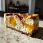 A close-up slice of Southern Peach Cobbler Cheesecake showing creamy white filling, bright orange peach chunks, and a graham cracker crust.