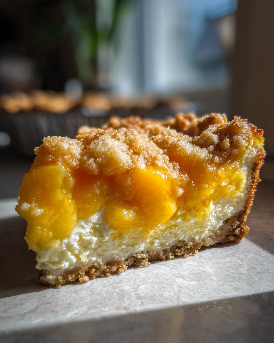 Close-up slice of Southern Peach Cobbler Cheesecake showing graham cracker crust, creamy filling, and peach topping.