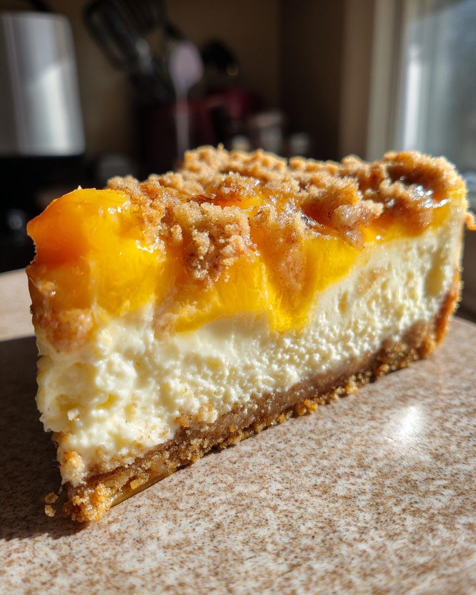A close-up slice of Southern Peach Cobbler Cheesecake showing the graham cracker crust, creamy filling, and peach topping.