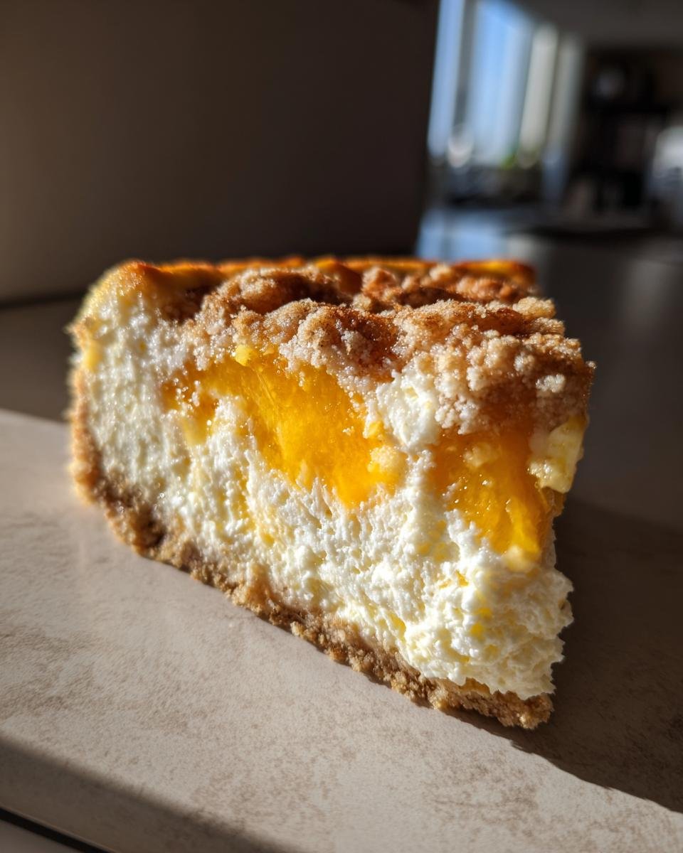 Close-up of a rich slice of Southern Peach Cobbler Cheesecake showing creamy filling, peach filling, and a crumb topping.