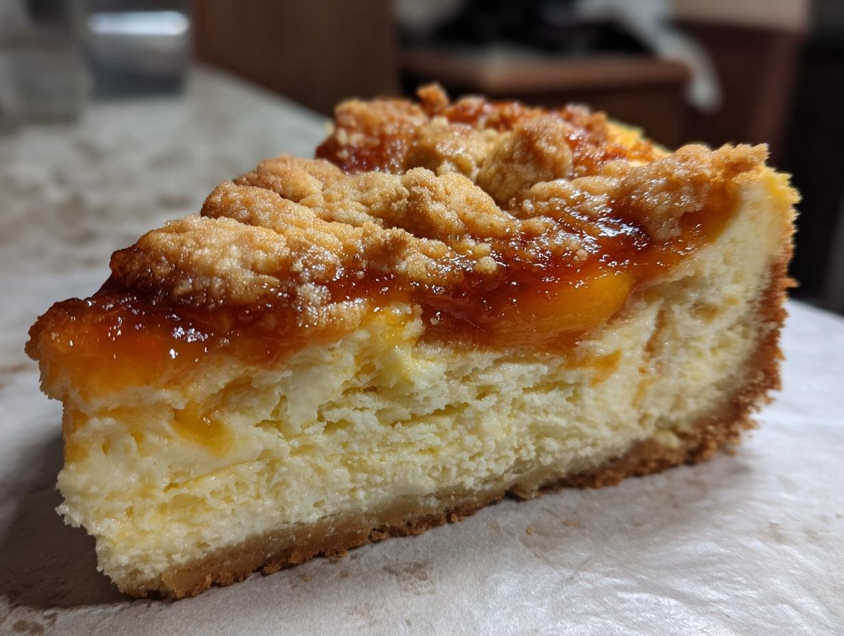 Close-up of a rich slice of Southern Peach Cobbler Cheesecake showing the creamy filling, peach topping, and crumb crust.