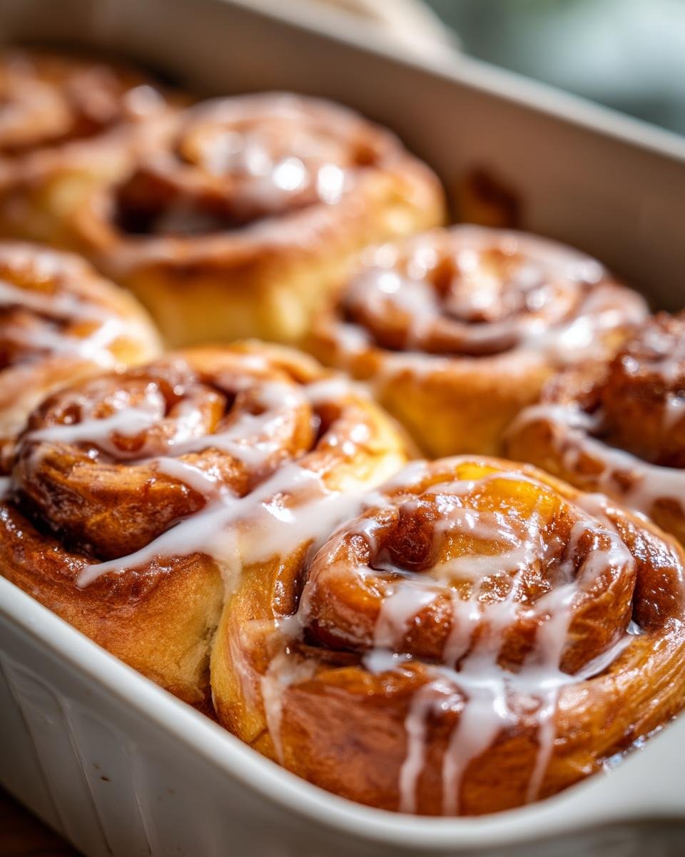 Close-up of warm Southern Peach Cobbler Cinnamon Rolls drizzled with white icing in a white baking dish.