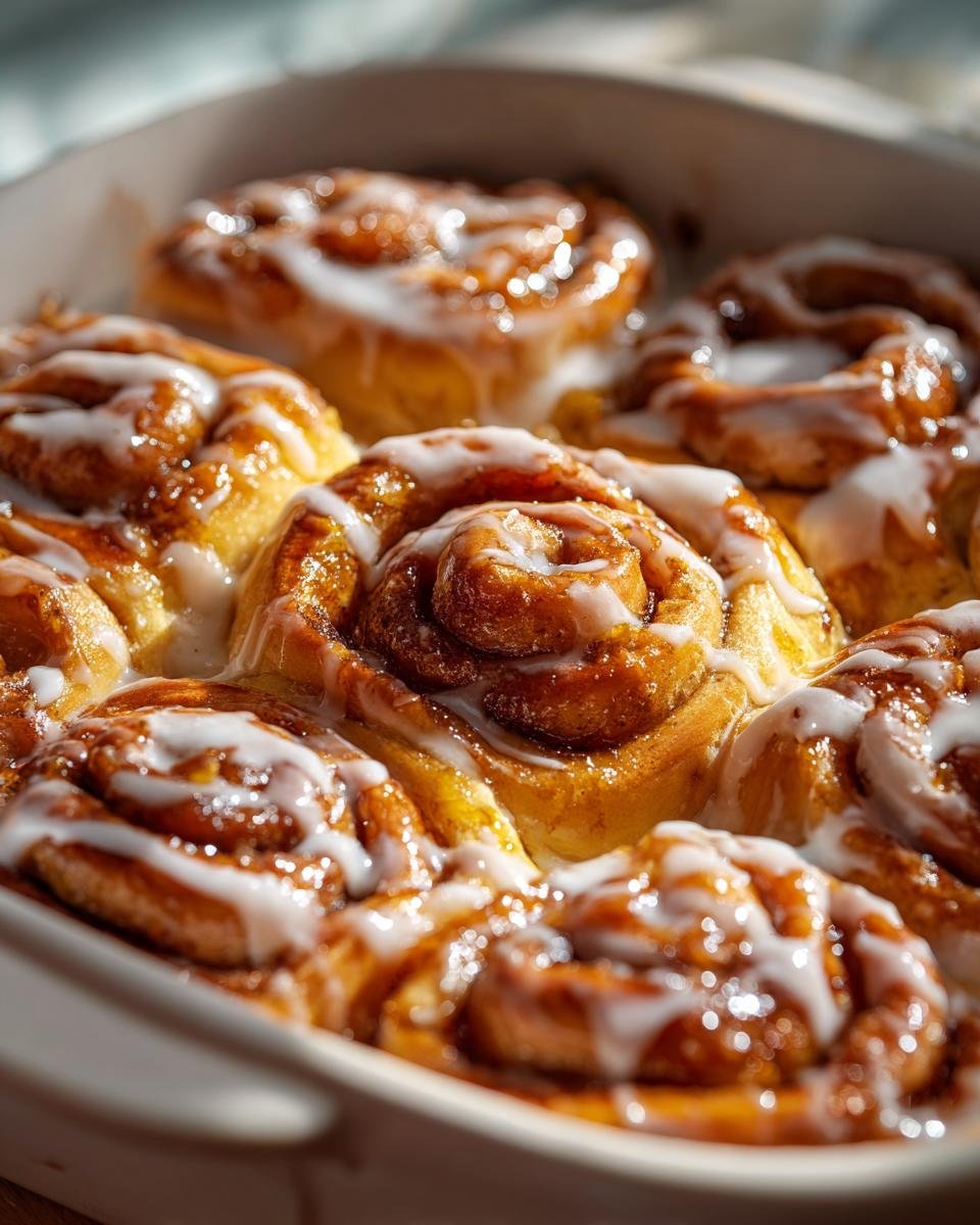 Close-up of freshly baked Southern Peach Cobbler Cinnamon Rolls drizzled generously with white icing.