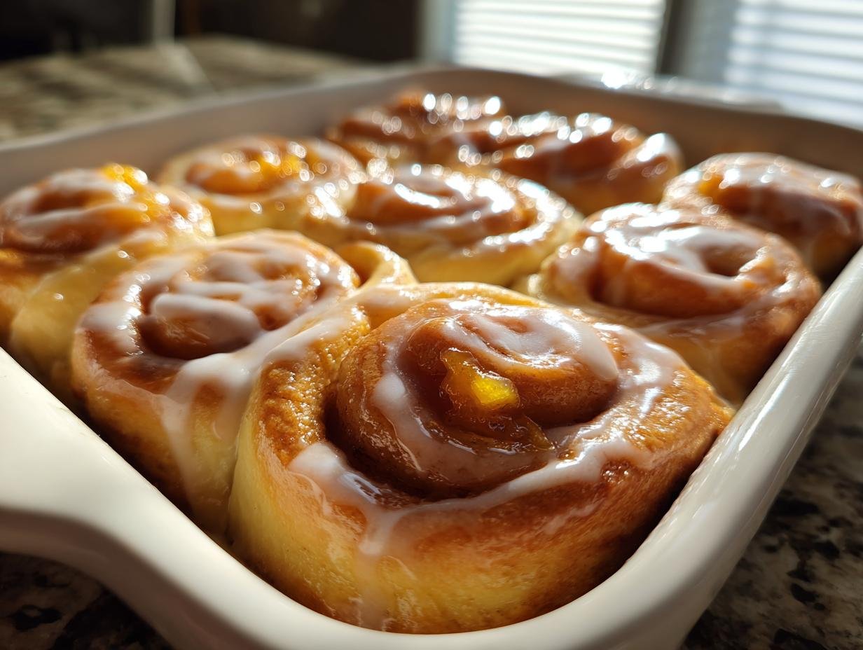 Close-up of warm Southern Peach Cobbler Cinnamon Rolls topped with white icing in a white baking dish.