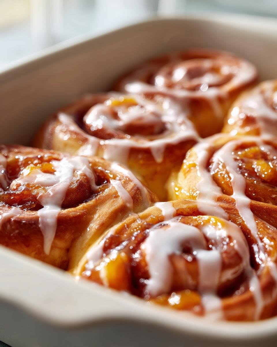 Close-up of freshly baked Southern Peach Cobbler Cinnamon Rolls drizzled with white icing in a baking dish.