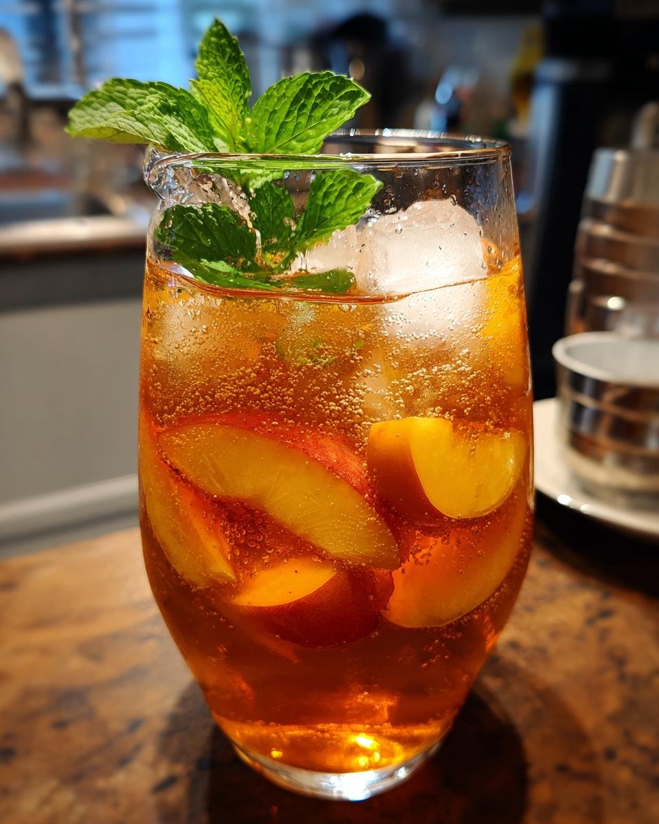 A tall glass filled with Southern Peach Iced Tea, ice, peach slices, and a sprig of fresh mint.