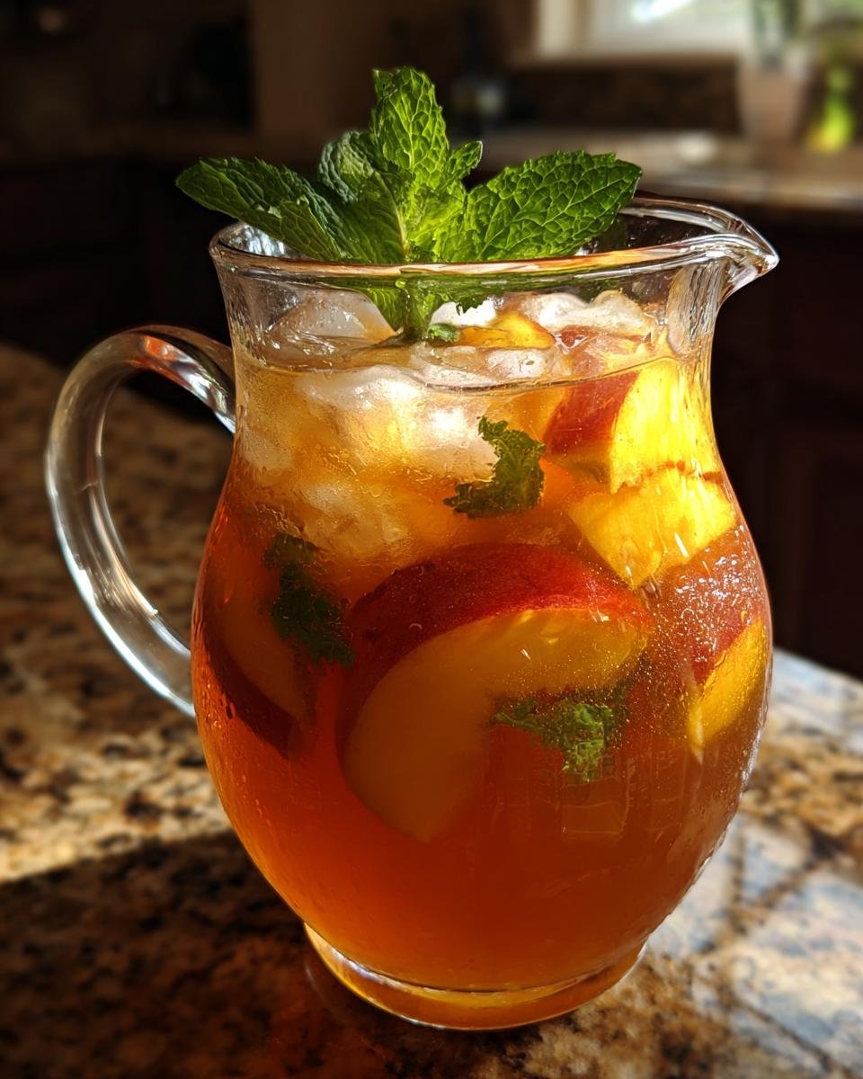 A glass pitcher filled with Southern Peach Iced Tea, ice, fresh peach slices, and mint leaves.