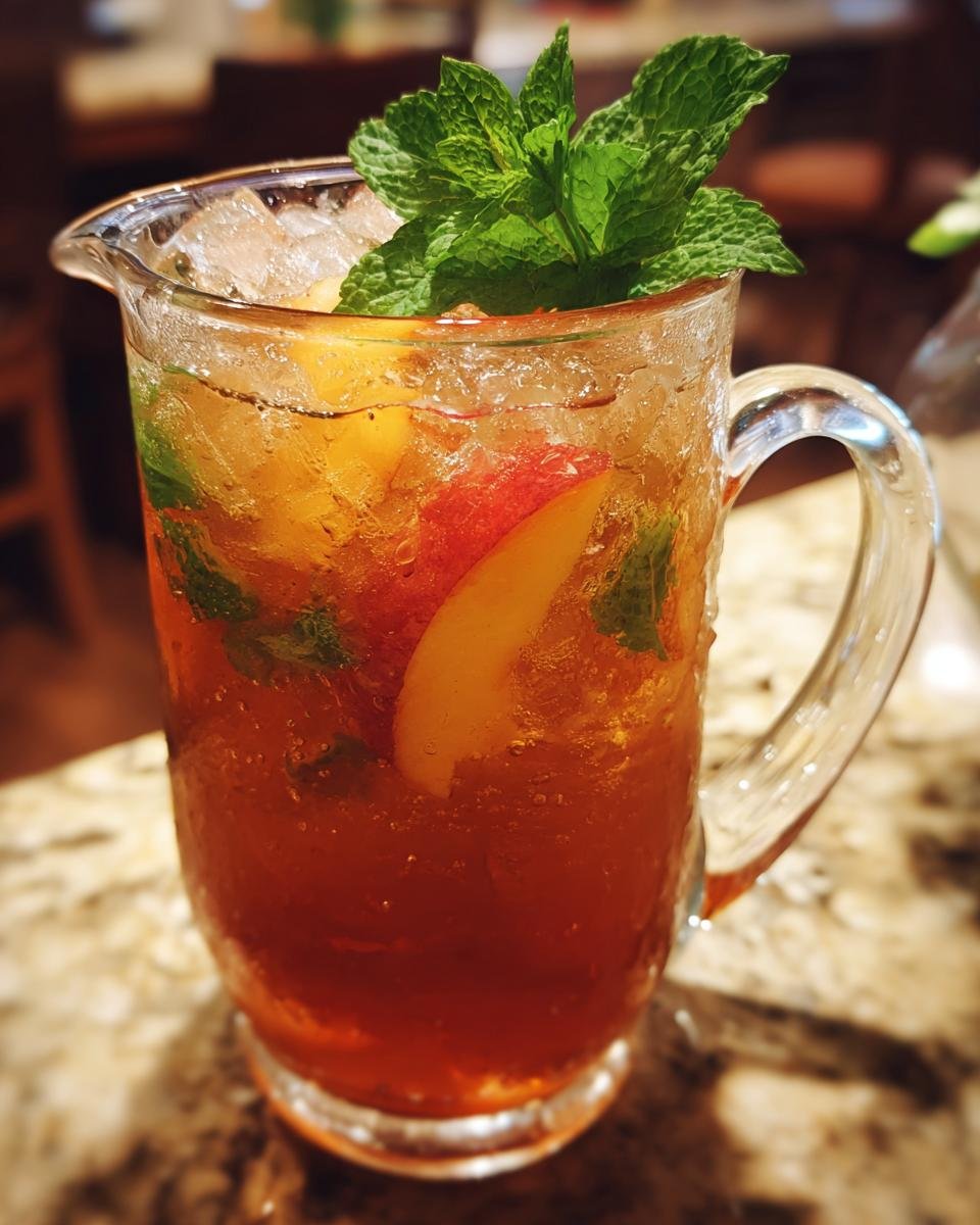 A pitcher filled with Southern Peach Iced Tea, ice, peach slices, mint, and condensation.
