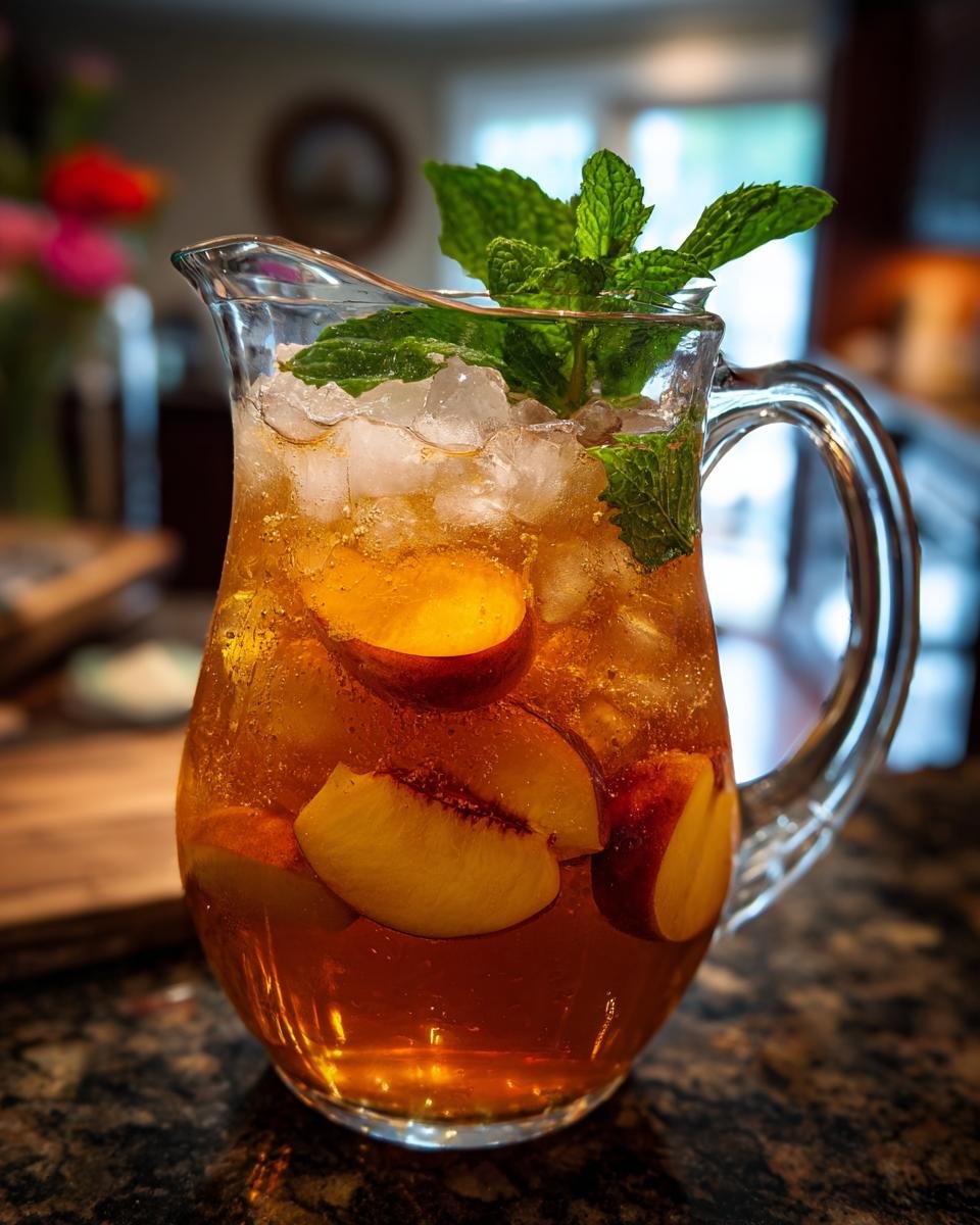 A glass pitcher filled with Southern Peach Iced Tea, ice, fresh peach slices, and mint sprigs.
