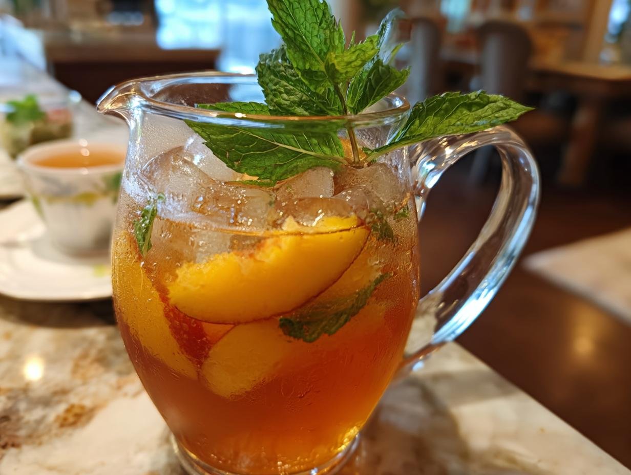 A pitcher filled with Southern Peach Iced Tea, ice, peach slices, and mint leaves.