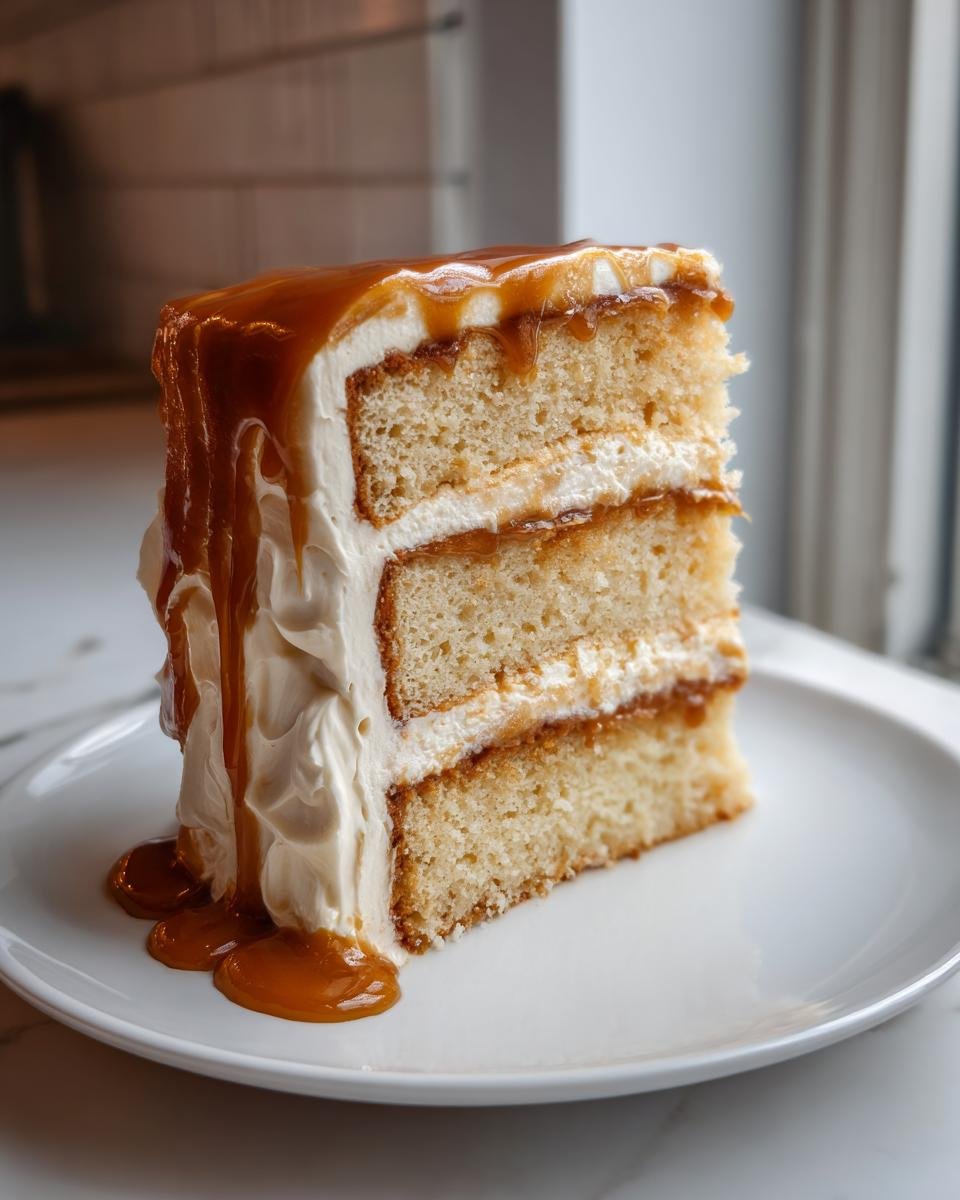 A decadent slice of Southern Salted Caramel Cake featuring three layers of cake, white frosting, and dripping salted caramel sauce.